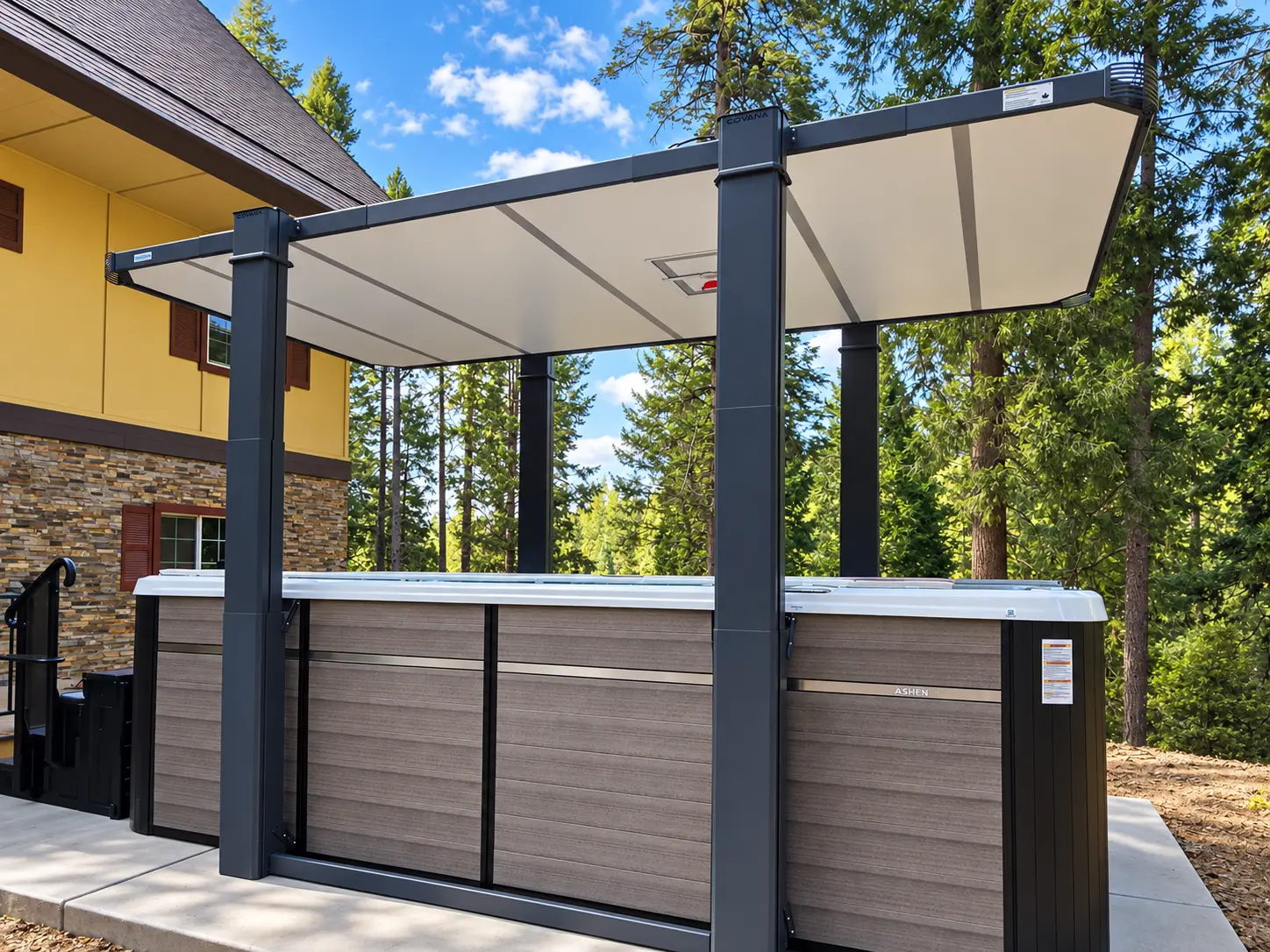 Raised Covana automated cover installed above a swim spa