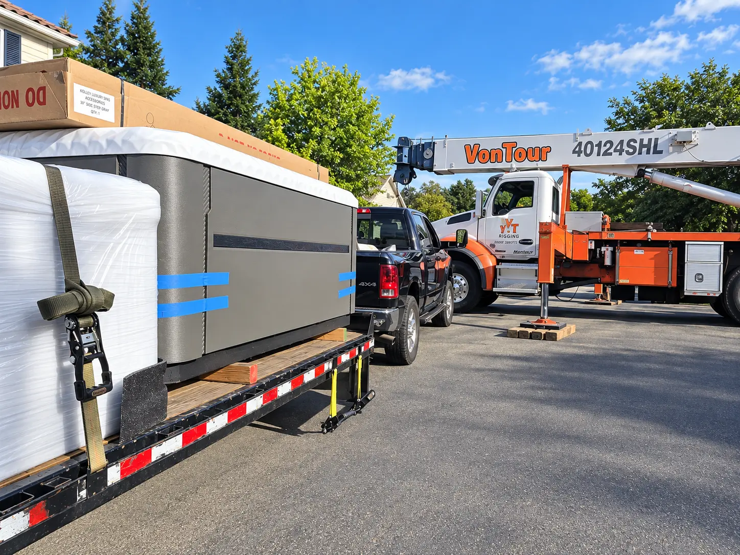 Spa secured on a trailer beside crane equipment for a coordinated placement