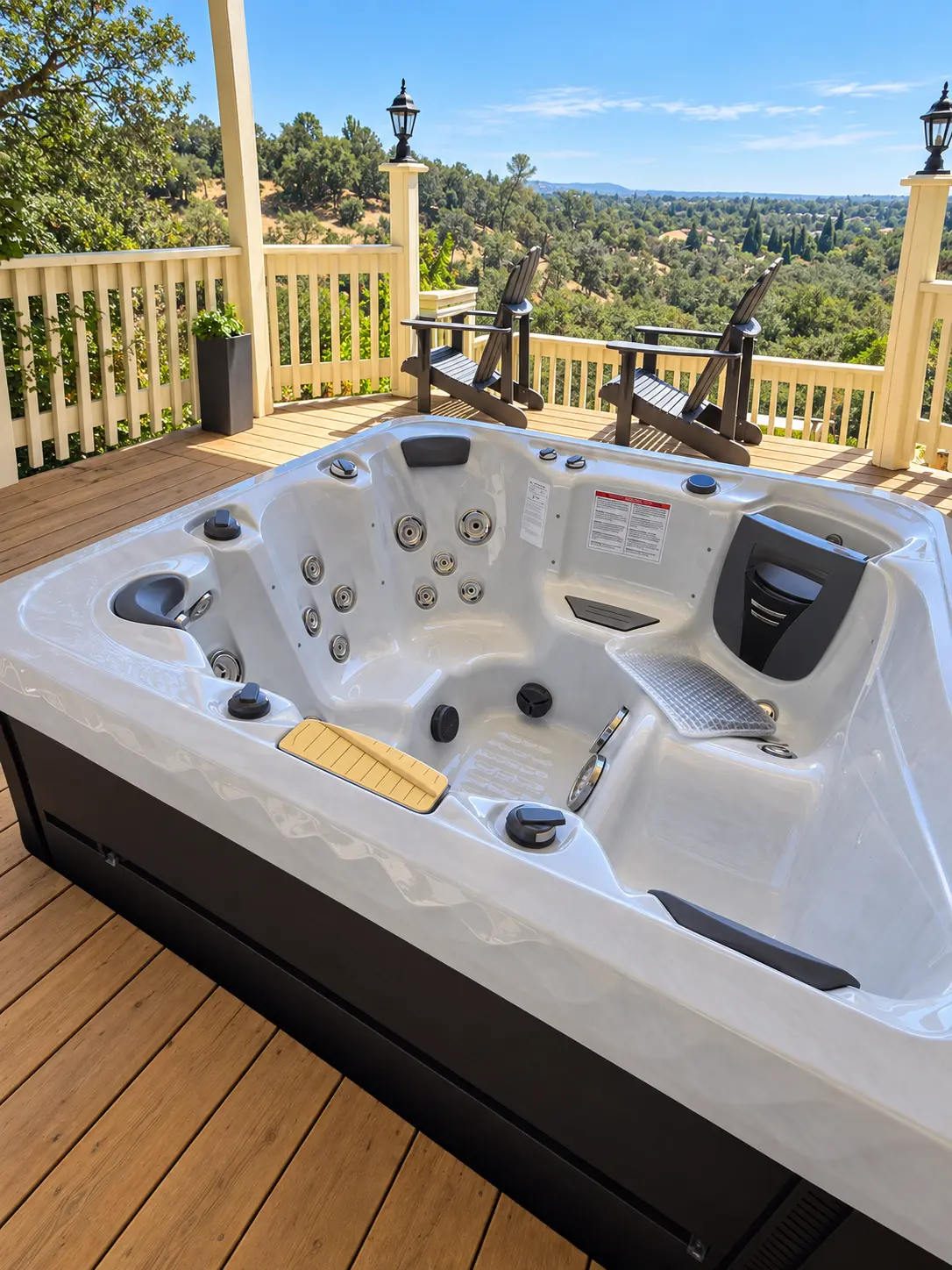 Completed hot tub installation on a deck overlooking a scenic landscape